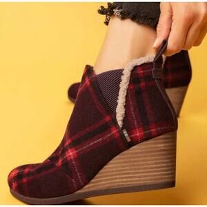 Toms Kelsey Women's Pump Wool Plaid Red Brown Wedge Bootie NEW Size 10W